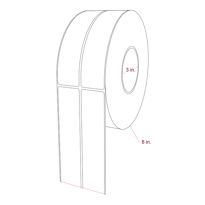 1.5 Inch x 6.5 Inch Rectangle Inkjet Label Roll - 3 Inch Core - 8 Inch Roll OD - 2Up - 3D Perspective