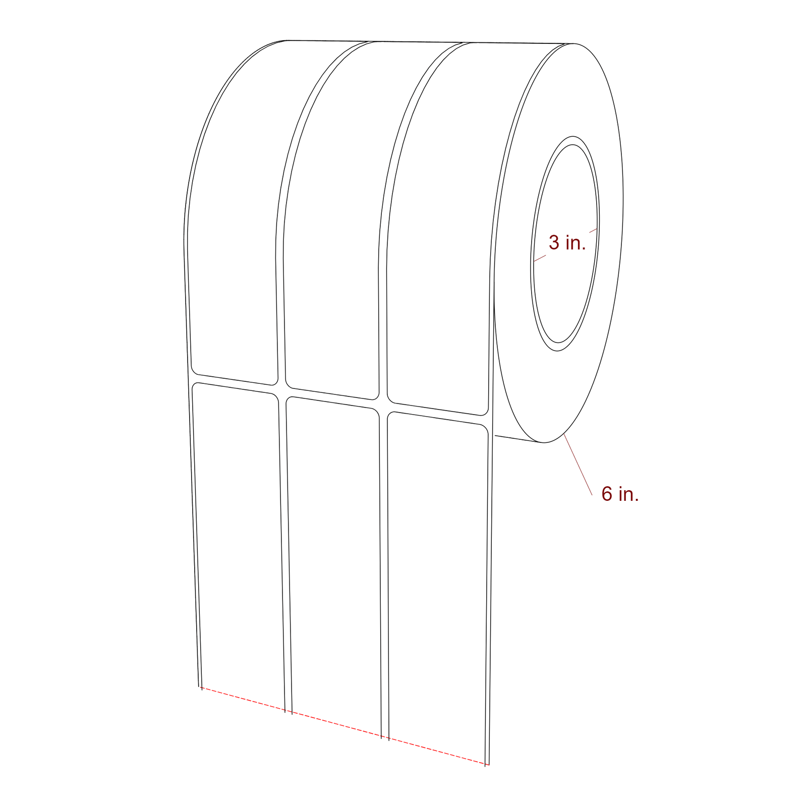 1.5 Inch x 6.5 Inch Rectangle Inkjet Label Roll - 3 Inch Core - 6 Inch Roll OD - 3Up - 3D Perspective