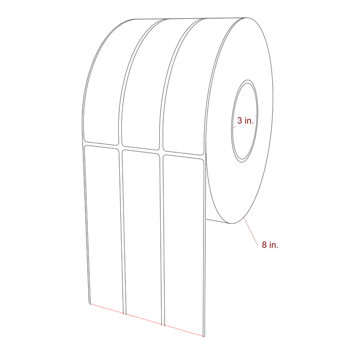1.5 Inch x 6.5 Inch Rectangle Inkjet Label Roll - 3 Inch Core - 8 Inch Roll OD - 3Up - 3D Perspective