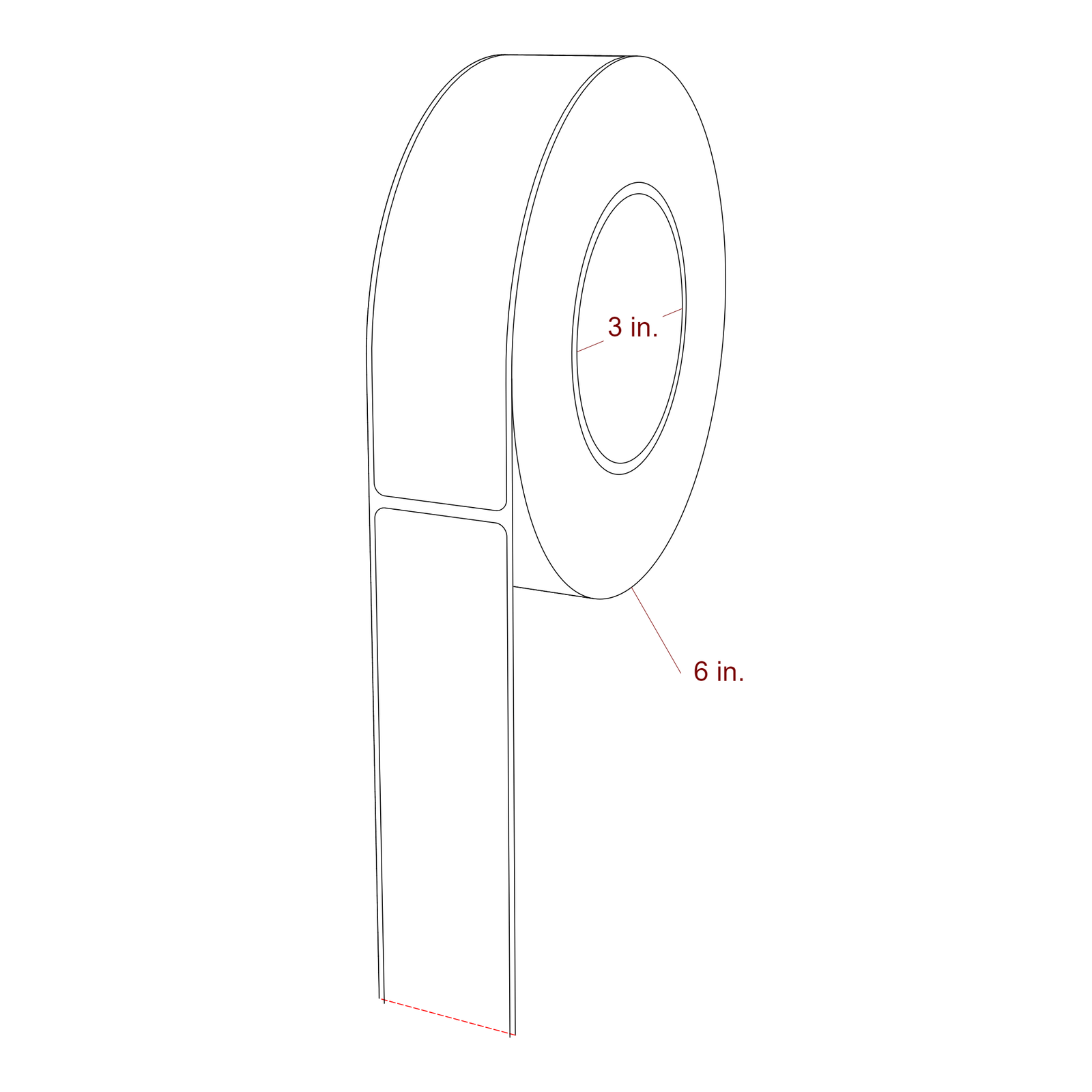 1.5 Inch x 6 Inch Rectangle Inkjet Label Roll - 3 Inch Core - 6 Inch Roll OD - 3D Perspective