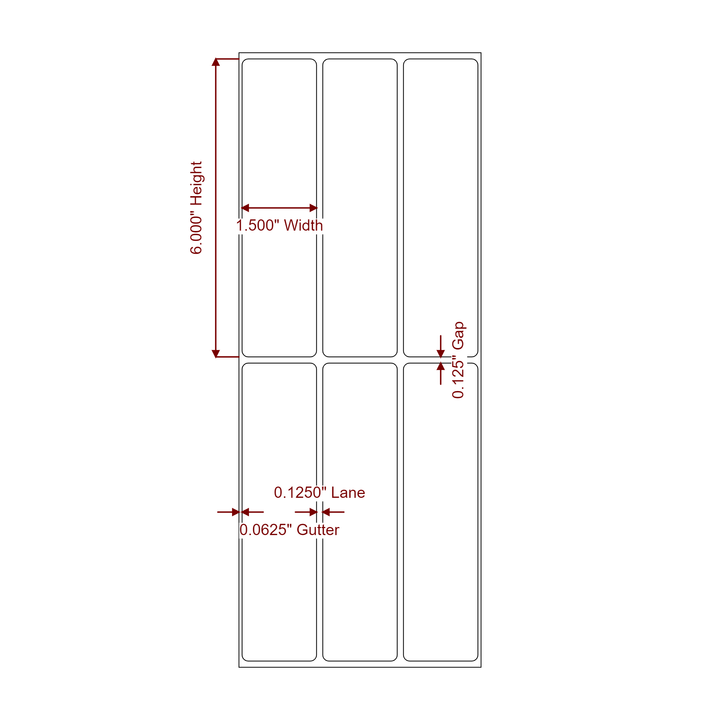1.5 Inch x 6 Inch Rectangle Inkjet Label Roll - 3Up - 2D Drawing