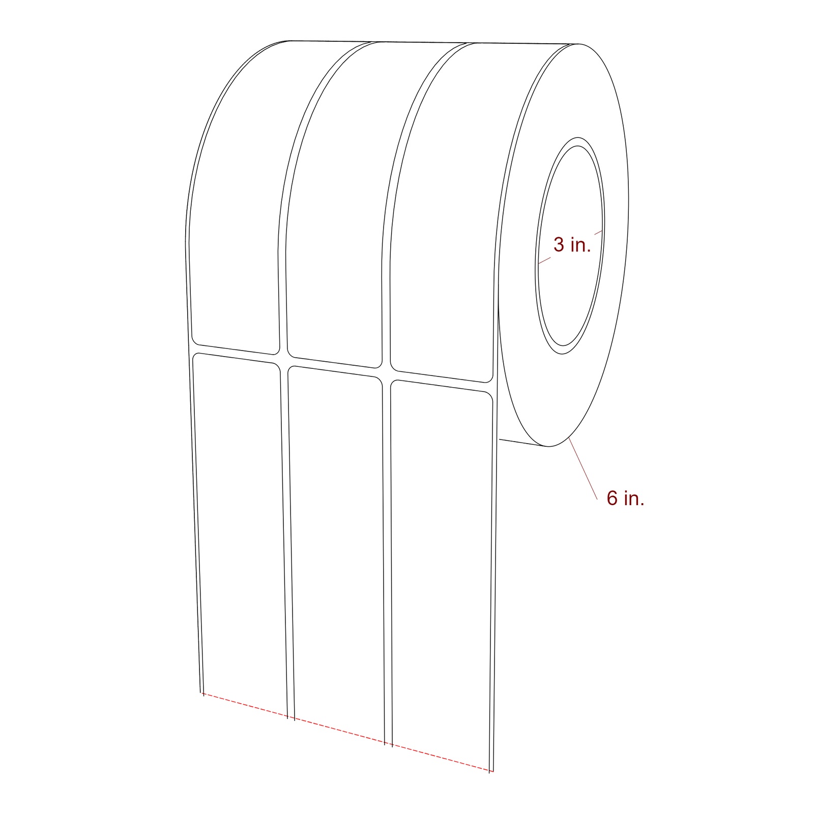 1.5 Inch x 6 Inch Rectangle Inkjet Label Roll - 3 Inch Core - 6 Inch Roll OD - 3Up - 3D Perspective