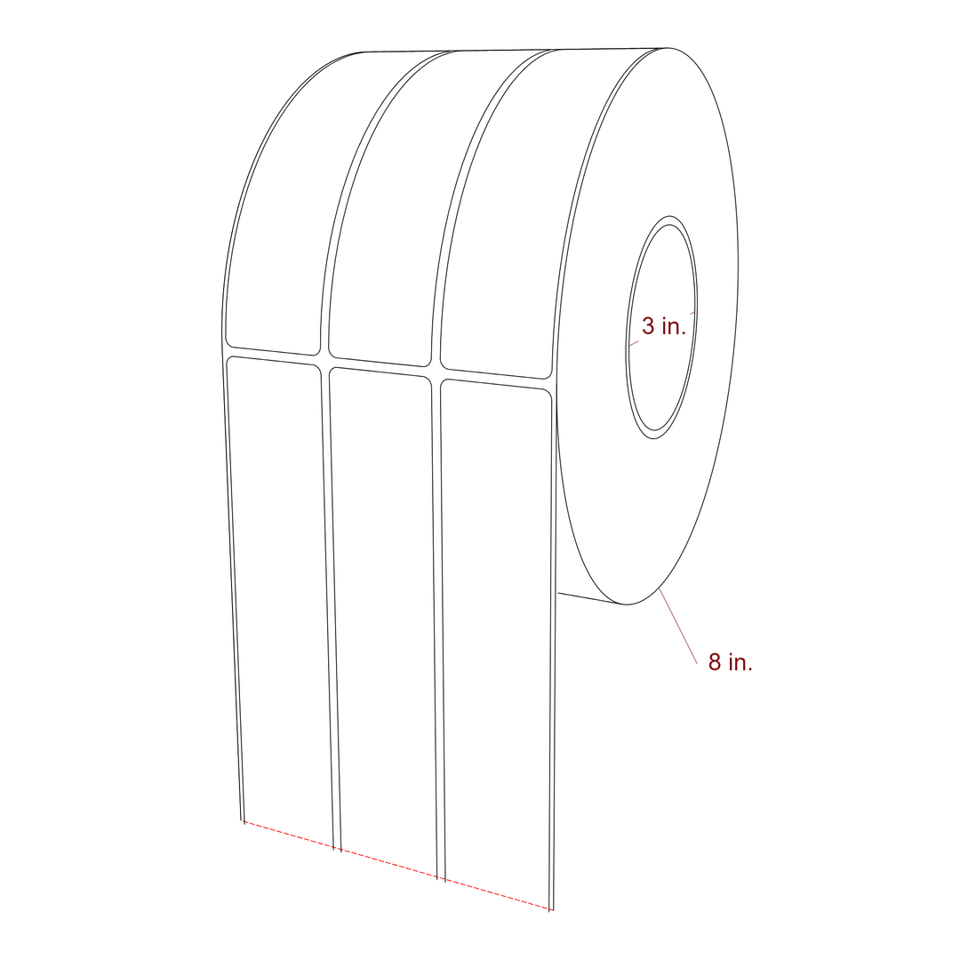 1.5 Inch x 6 Inch Rectangle Inkjet Label Roll - 3 Inch Core - 8 Inch Roll OD - 3Up - 3D Perspective