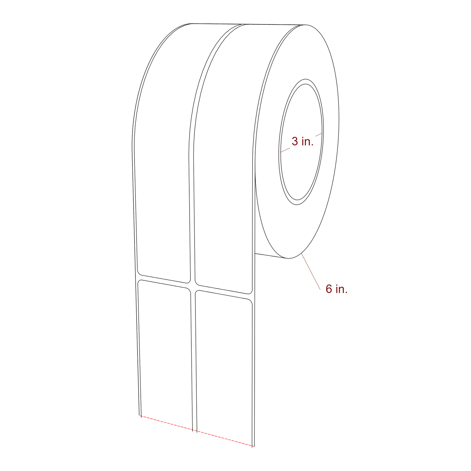 1.5 Inch x 7.75 Inch Rectangle Inkjet Label Roll - 3 Inch Core - 6 Inch Roll OD - 2Up - 3D Perspective