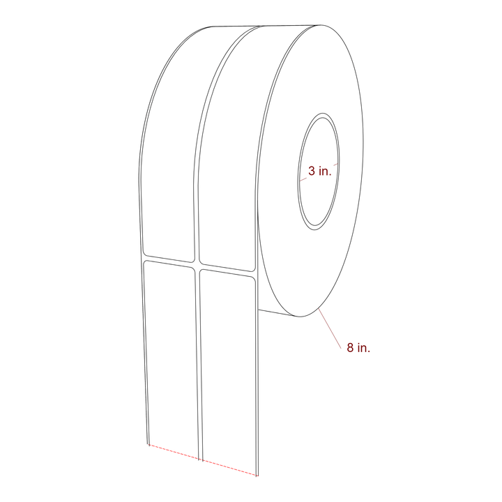 1.5 Inch x 7.75 Inch Rectangle Inkjet Label Roll - 3 Inch Core - 8 Inch Roll OD - 2Up - 3D Perspective