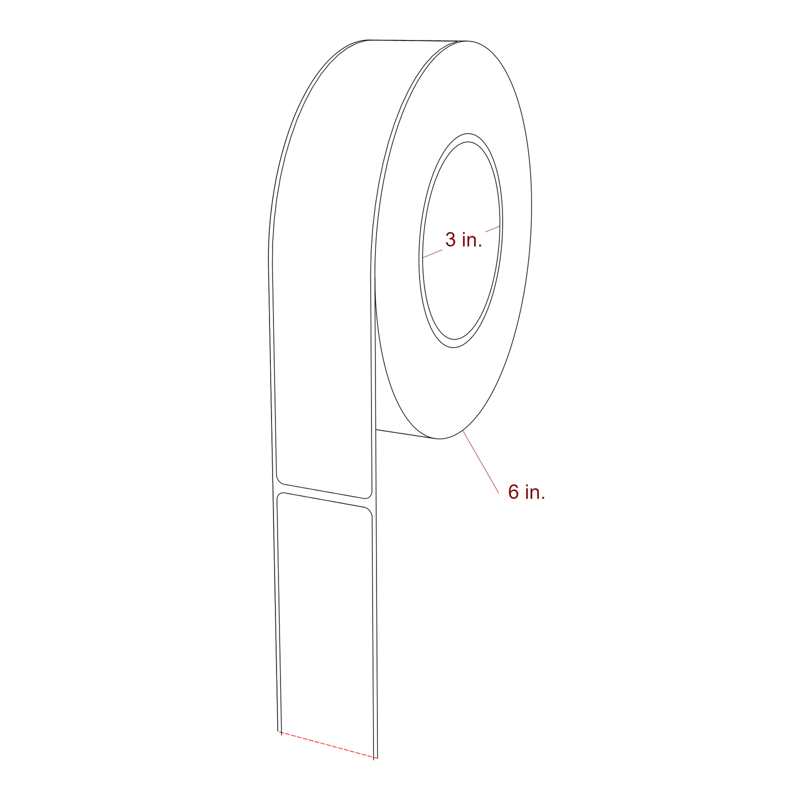 1.5 Inch x 7.75 Inch Rectangle Inkjet Label Roll - 3 Inch Core - 6 Inch Roll OD - 3D Perspective