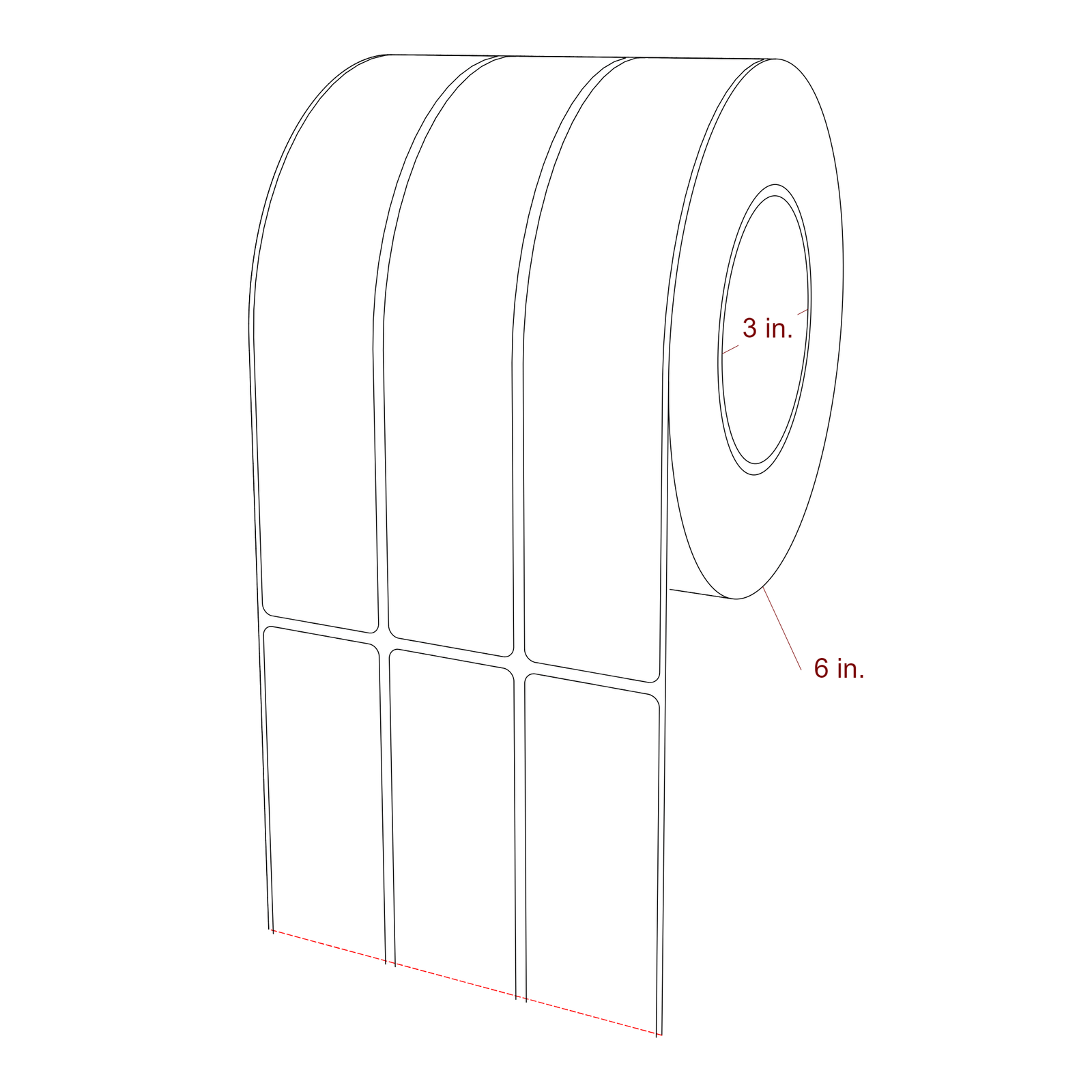 1.5 Inch x 7.75 Inch Rectangle Inkjet Label Roll - 3 Inch Core - 6 Inch Roll OD - 3Up - 3D Perspective