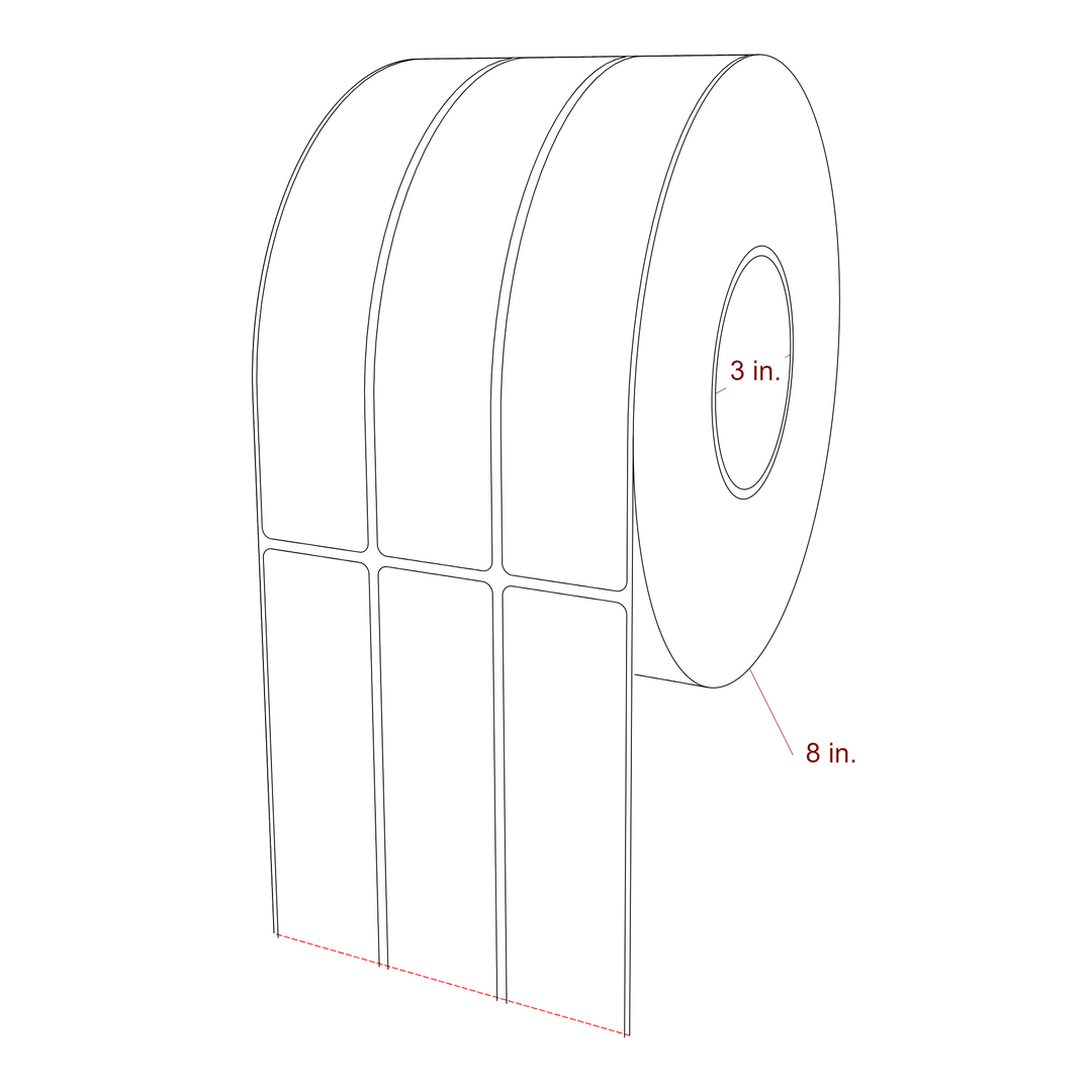 1.5 Inch x 7.75 Inch Rectangle Inkjet Label Roll - 3 Inch Core - 8 Inch Roll OD - 3Up - 3D Perspective