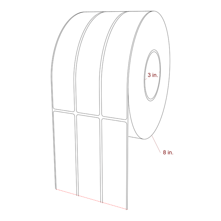 1.5 Inch x 7.75 Inch Rectangle Inkjet Label Roll - 3 Inch Core - 8 Inch Roll OD - 3Up - 3D Perspective