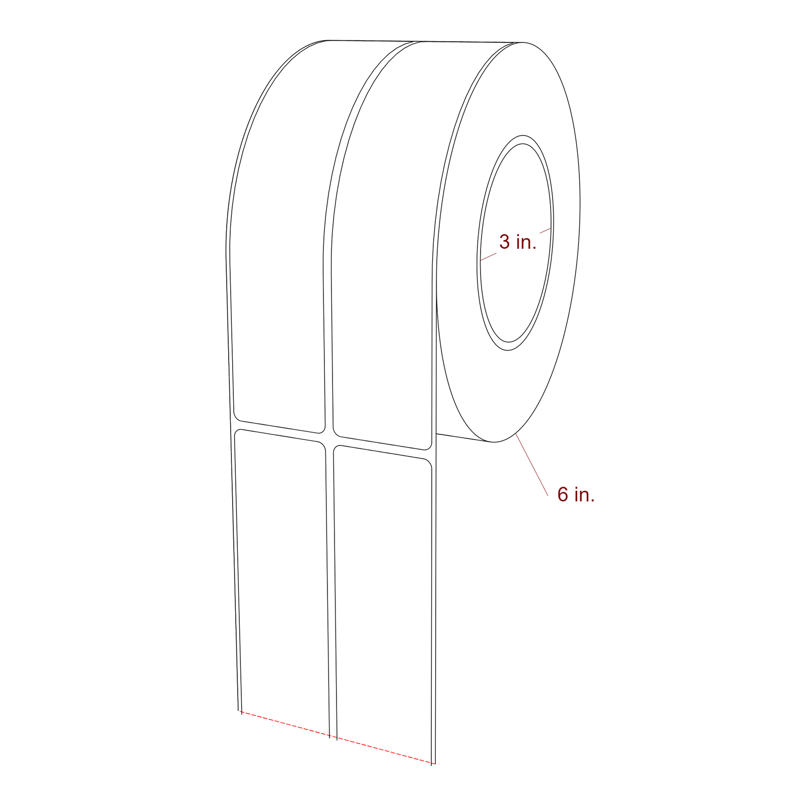 1.5 Inch x 7 Inch Rectangle Inkjet Label Roll - 3 Inch Core - 6 Inch Roll OD - 2Up - 3D Perspective