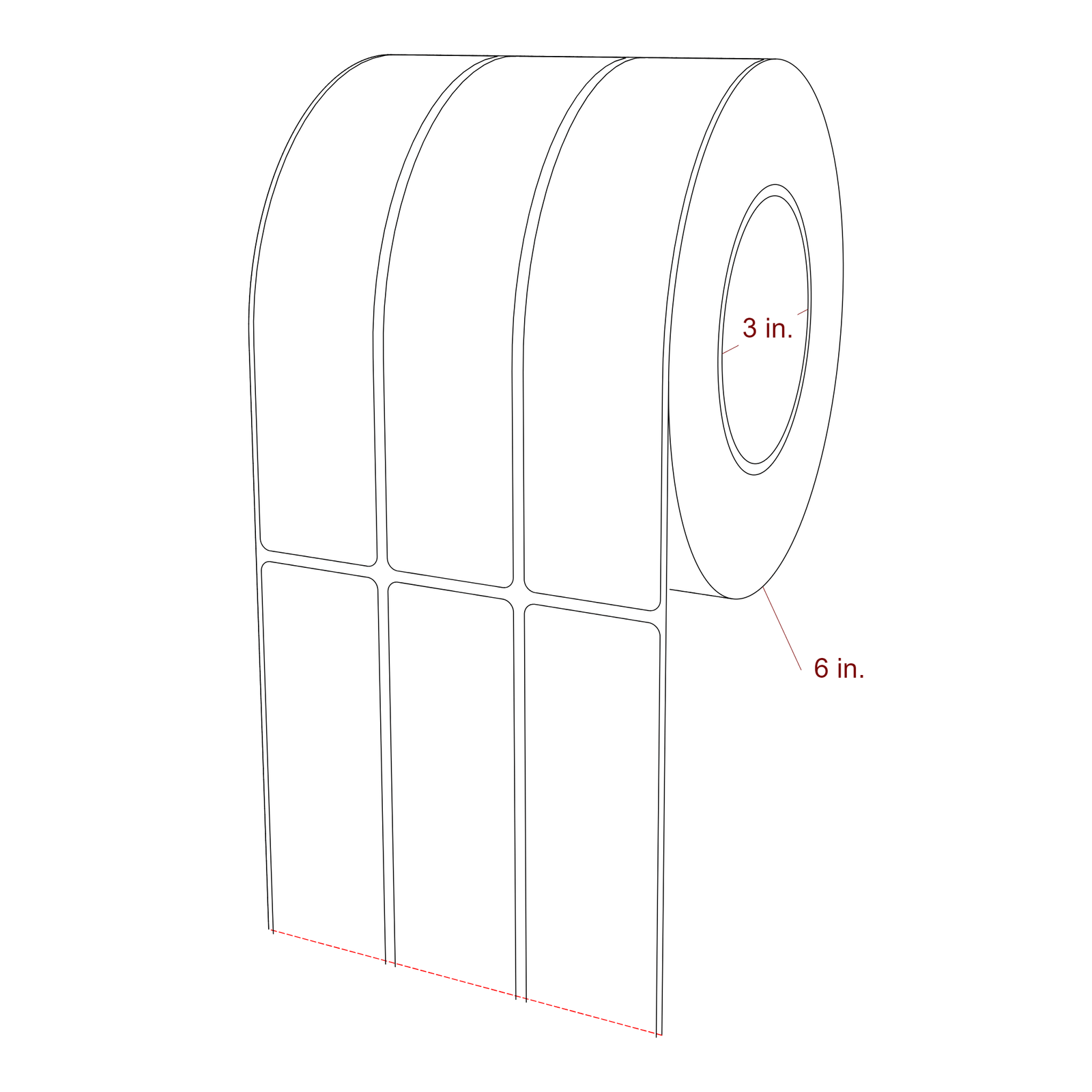 1.5 Inch x 7 Inch Rectangle Inkjet Label Roll - 3 Inch Core - 6 Inch Roll OD - 3Up - 3D Perspective
