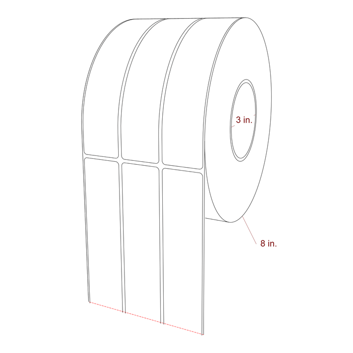 1.5 Inch x 7 Inch Rectangle Inkjet Label Roll - 3 Inch Core - 8 Inch Roll OD - 3Up - 3D Perspective