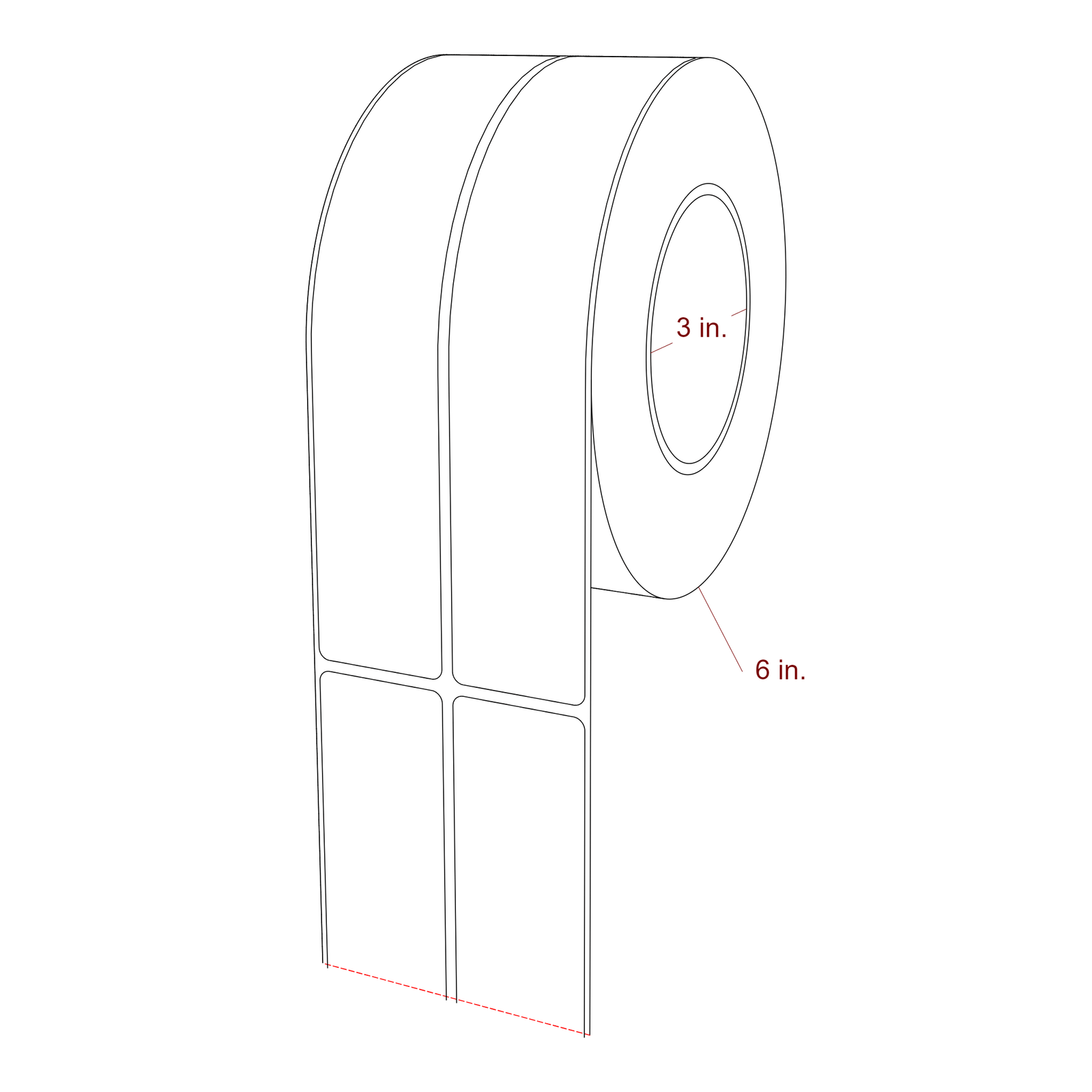 1.5 Inch x 8 Inch Rectangle Inkjet Label Roll - 3 Inch Core - 6 Inch Roll OD - 2Up - 3D Perspective