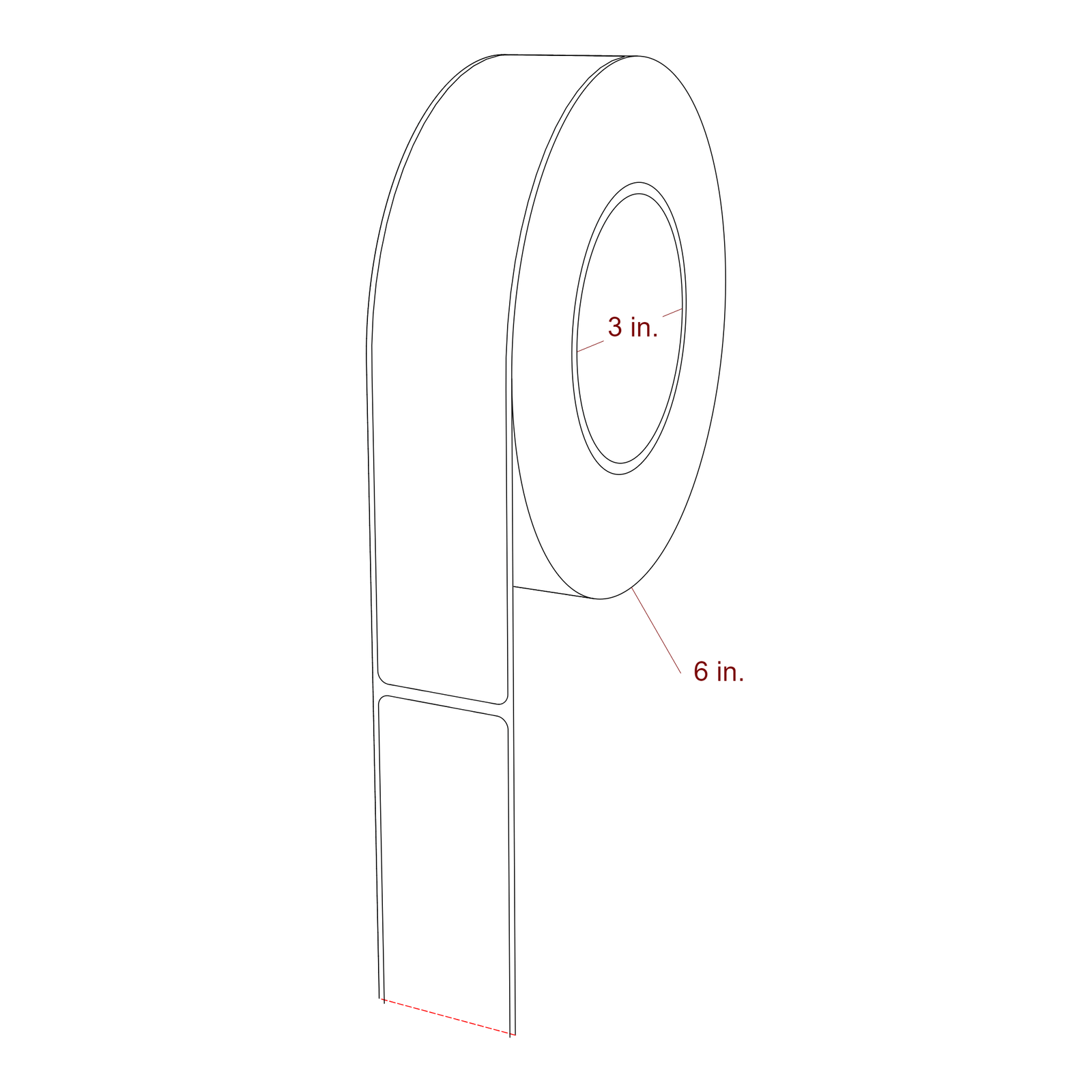 1.5 Inch x 8 Inch Rectangle Inkjet Label Roll - 3 Inch Core - 6 Inch Roll OD - 3D Perspective