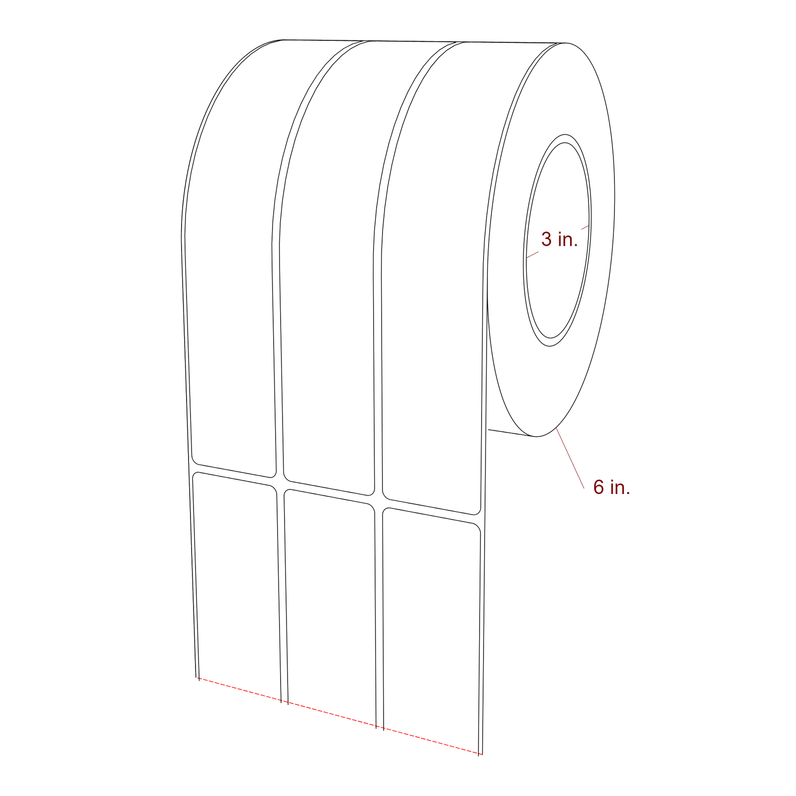 1.5 Inch x 8 Inch Rectangle Inkjet Label Roll - 3 Inch Core - 6 Inch Roll OD - 3Up - 3D Perspective