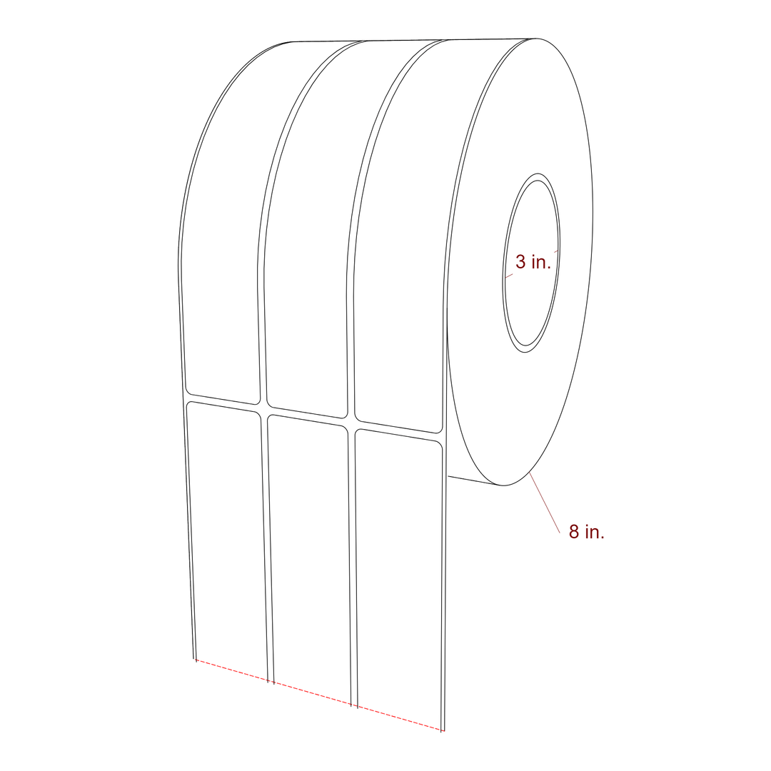 1.5 Inch x 8 Inch Rectangle Inkjet Label Roll - 3 Inch Core - 8 Inch Roll OD - 3Up - 3D Perspective