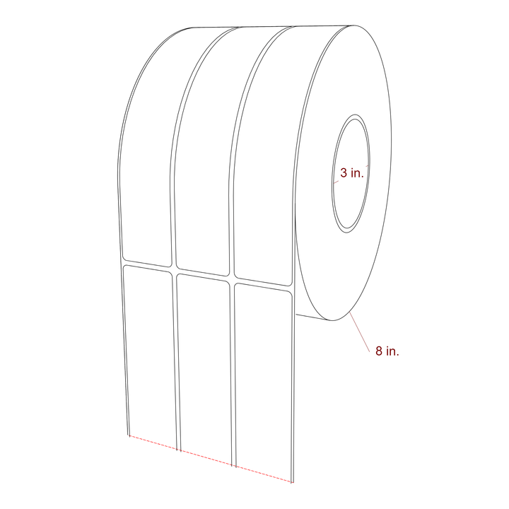 1.5 Inch x 8 Inch Rectangle Inkjet Label Roll - 3 Inch Core - 8 Inch Roll OD - 3Up - 3D Perspective