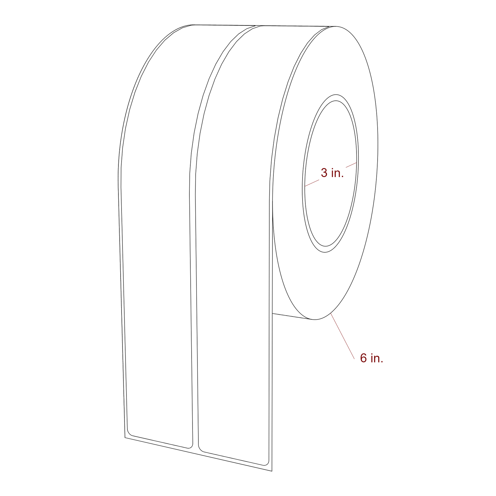 1.5 Inch x 9.75 Inch Rectangle Inkjet Label Roll - 3 Inch Core - 6 Inch Roll OD - 2Up - 3D Perspective
