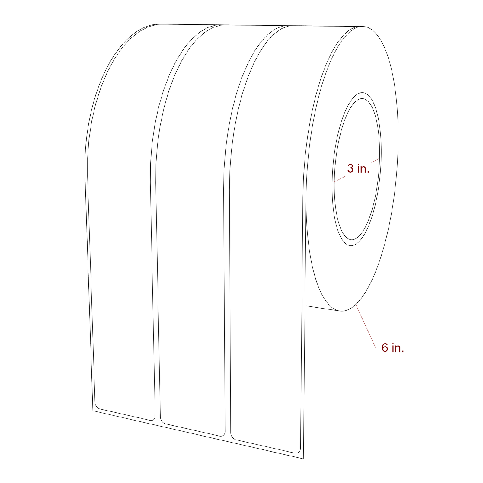 1.5 Inch x 9.75 Inch Rectangle Inkjet Label Roll - 3 Inch Core - 6 Inch Roll OD - 3Up - 3D Perspective