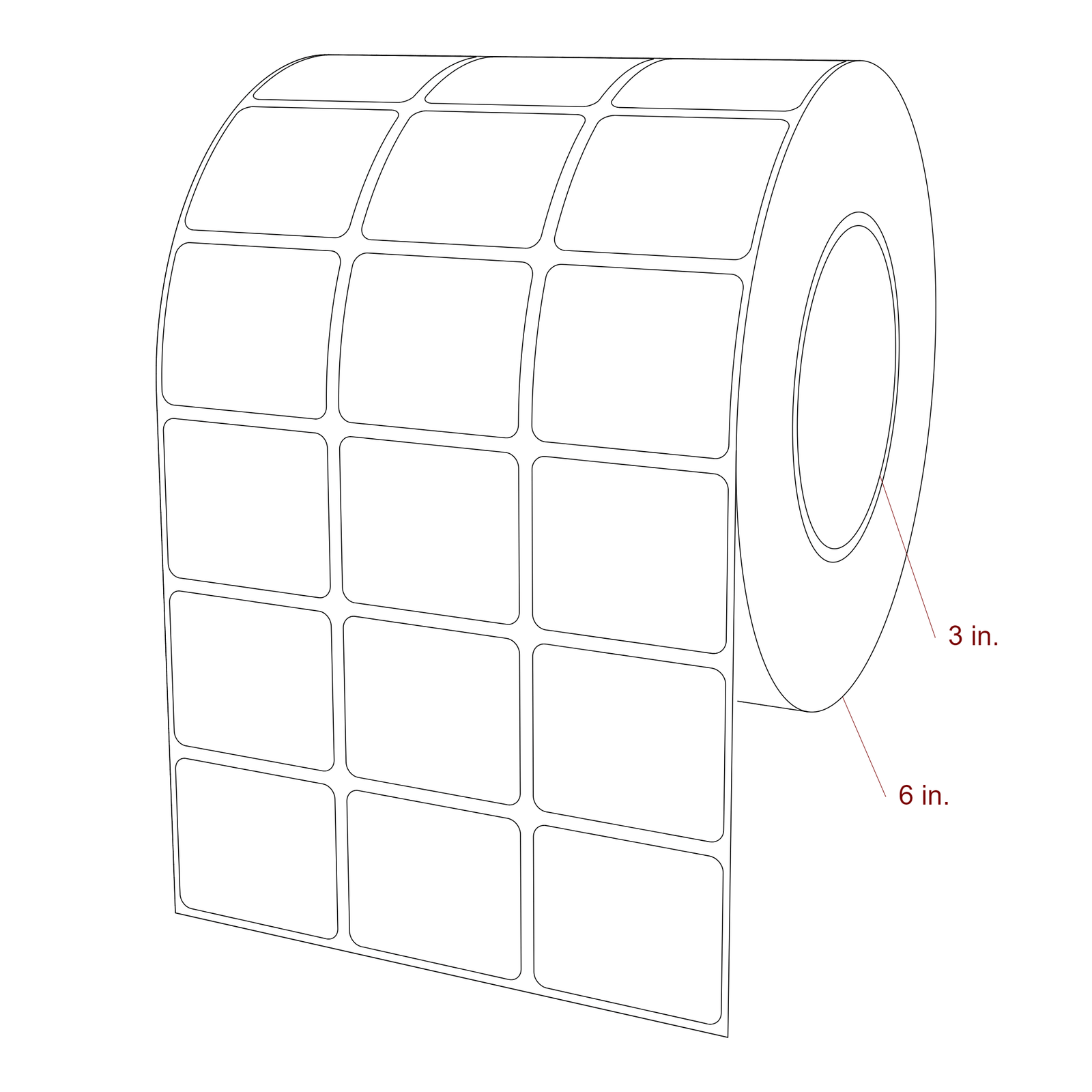 1.75 Inch x 1.5 Inch Rectangle Inkjet Label Roll - 3 Inch Core - 6 Inch Roll OD - 3Up - 3D Perspective