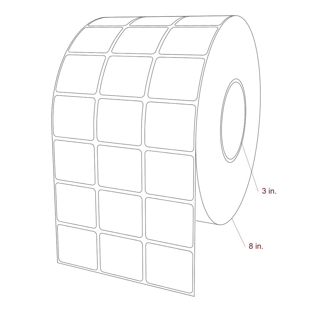 1.75 Inch x 1.5 Inch Rectangle Inkjet Label Roll - 3 Inch Core - 8 Inch Roll OD - 3Up - 3D Perspective