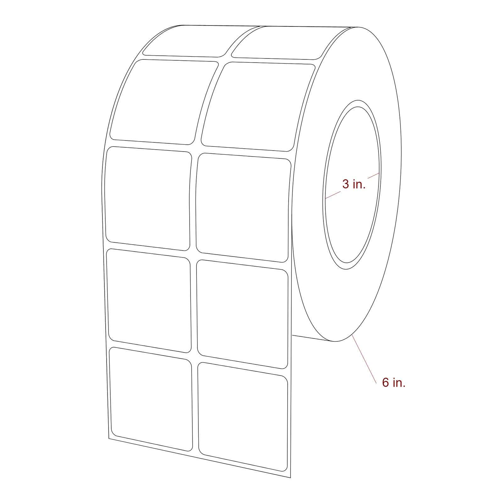 1.75 Inch x 1.75 Inch Rectangle Inkjet Label Roll - 3 Inch Core - 6 Inch Roll OD - 2Up - 3D Perspective