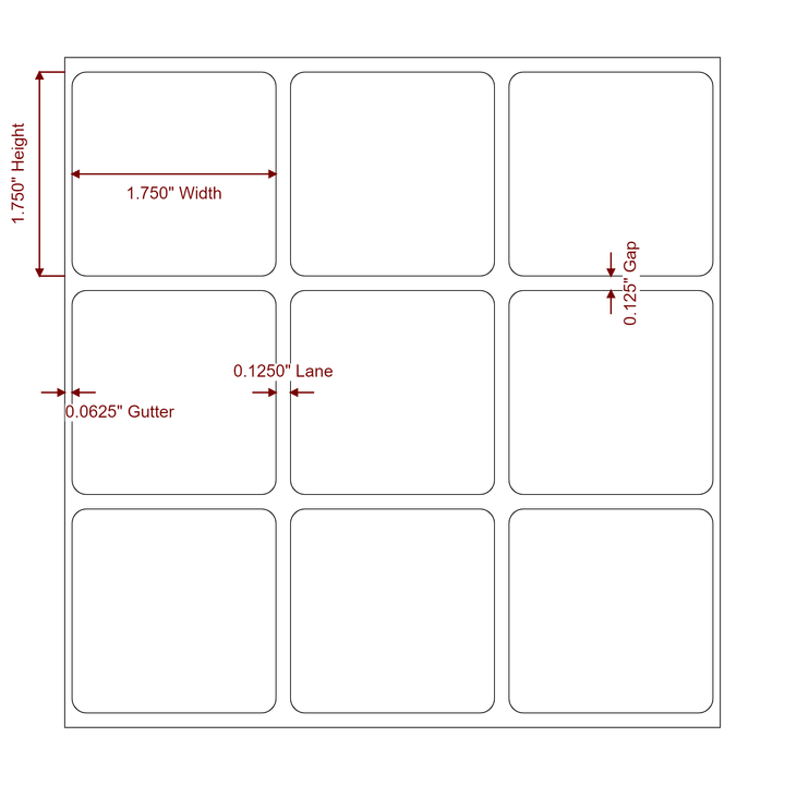 1.75 Inch x 1.75 Inch Rectangle Inkjet Label Roll - 3Up - 2D Drawing