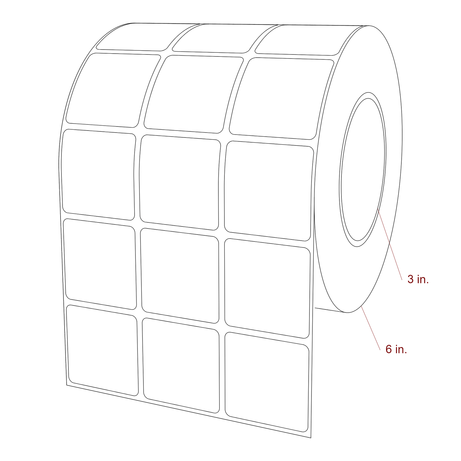 1.75 Inch x 1.75 Inch Rectangle Inkjet Label Roll - 3 Inch Core - 6 Inch Roll OD - 3Up - 3D Perspective