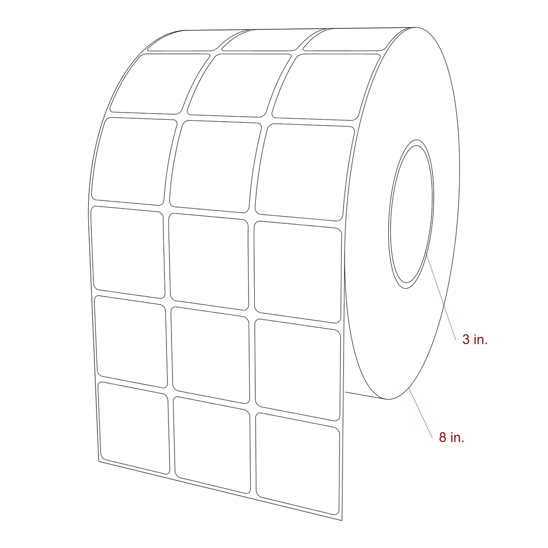 1.75 Inch x 1.75 Inch Rectangle Inkjet Label Roll - 3 Inch Core - 8 Inch Roll OD - 3Up - 3D Perspective