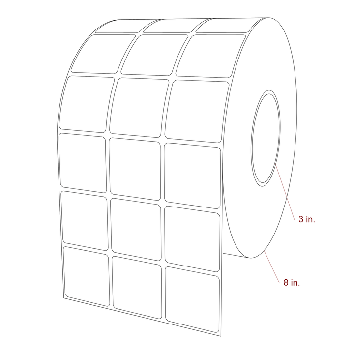 1.75 Inch x 1.75 Inch Rectangle Inkjet Label Roll - 3 Inch Core - 8 Inch Roll OD - 3Up - 3D Perspective