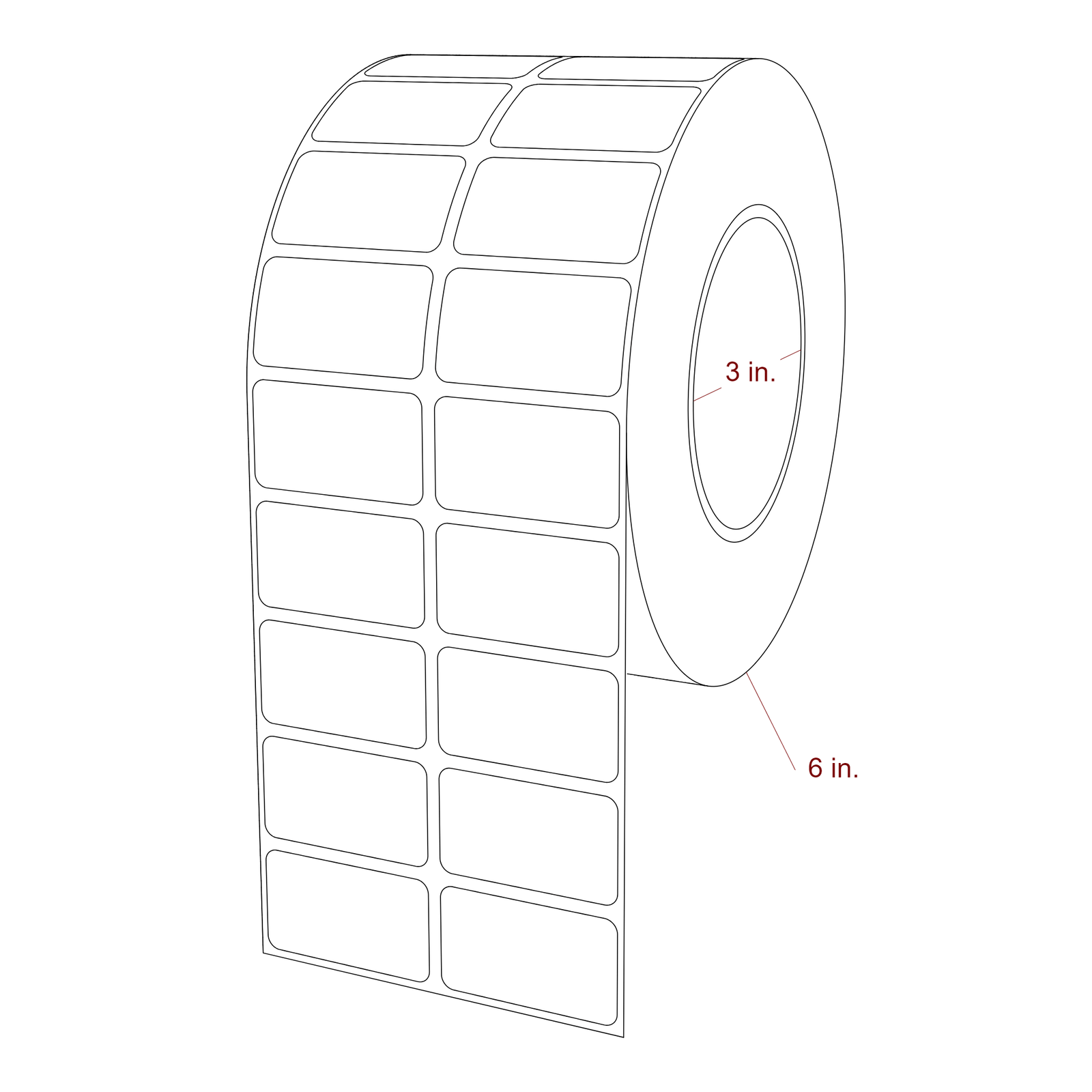 1.75 Inch x 1 Inch Rectangle Inkjet Label Roll - 3 Inch Core - 6 Inch Roll OD - 2Up - 3D Perspective