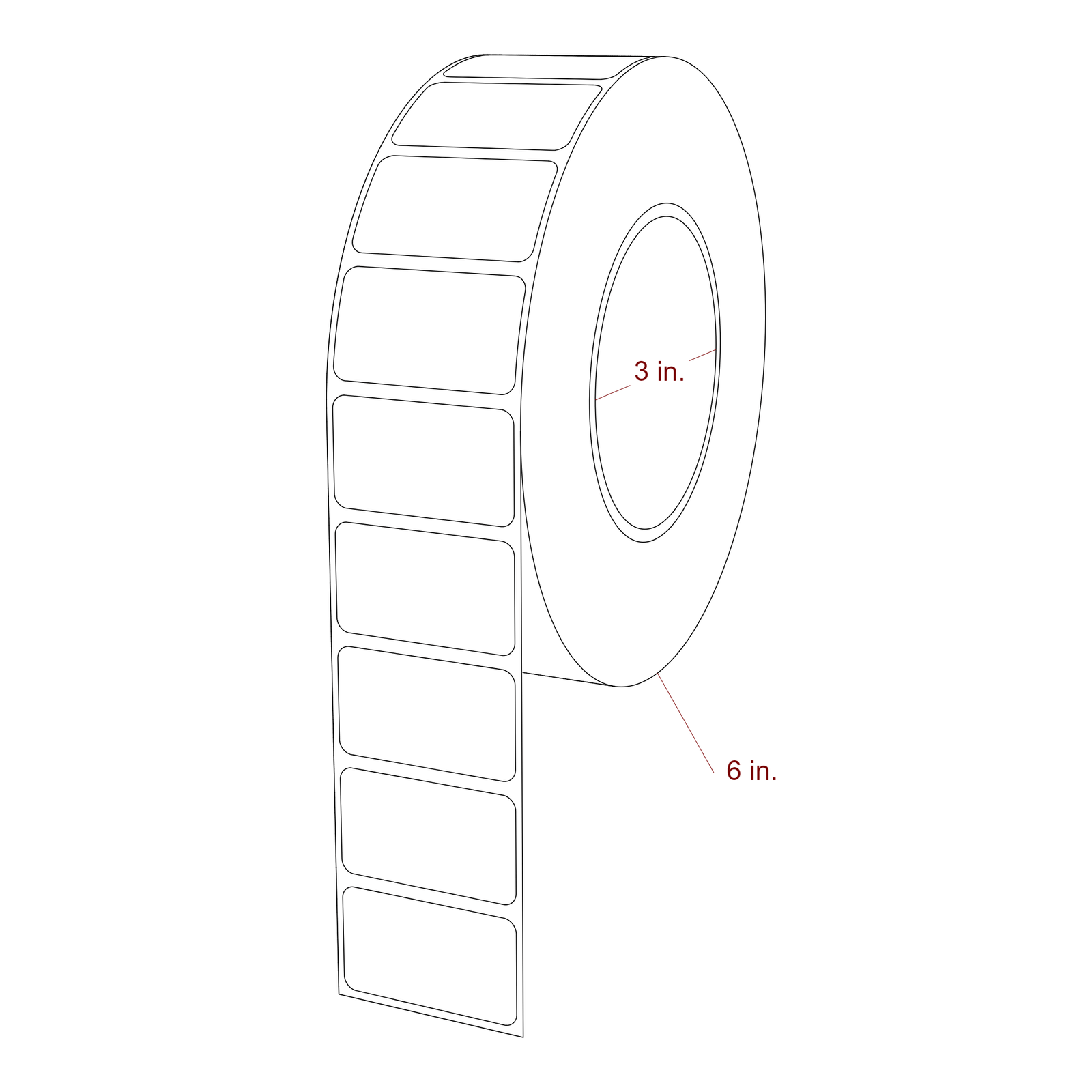 1.75 Inch x 1 Inch Rectangle Inkjet Label Roll - 3 Inch Core - 6 Inch Roll OD - 3D Perspective
