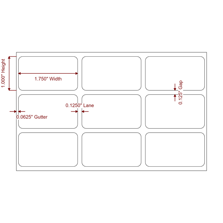 1.75 Inch x 1 Inch Rectangle Inkjet Label Roll - 3Up - 2D Drawing