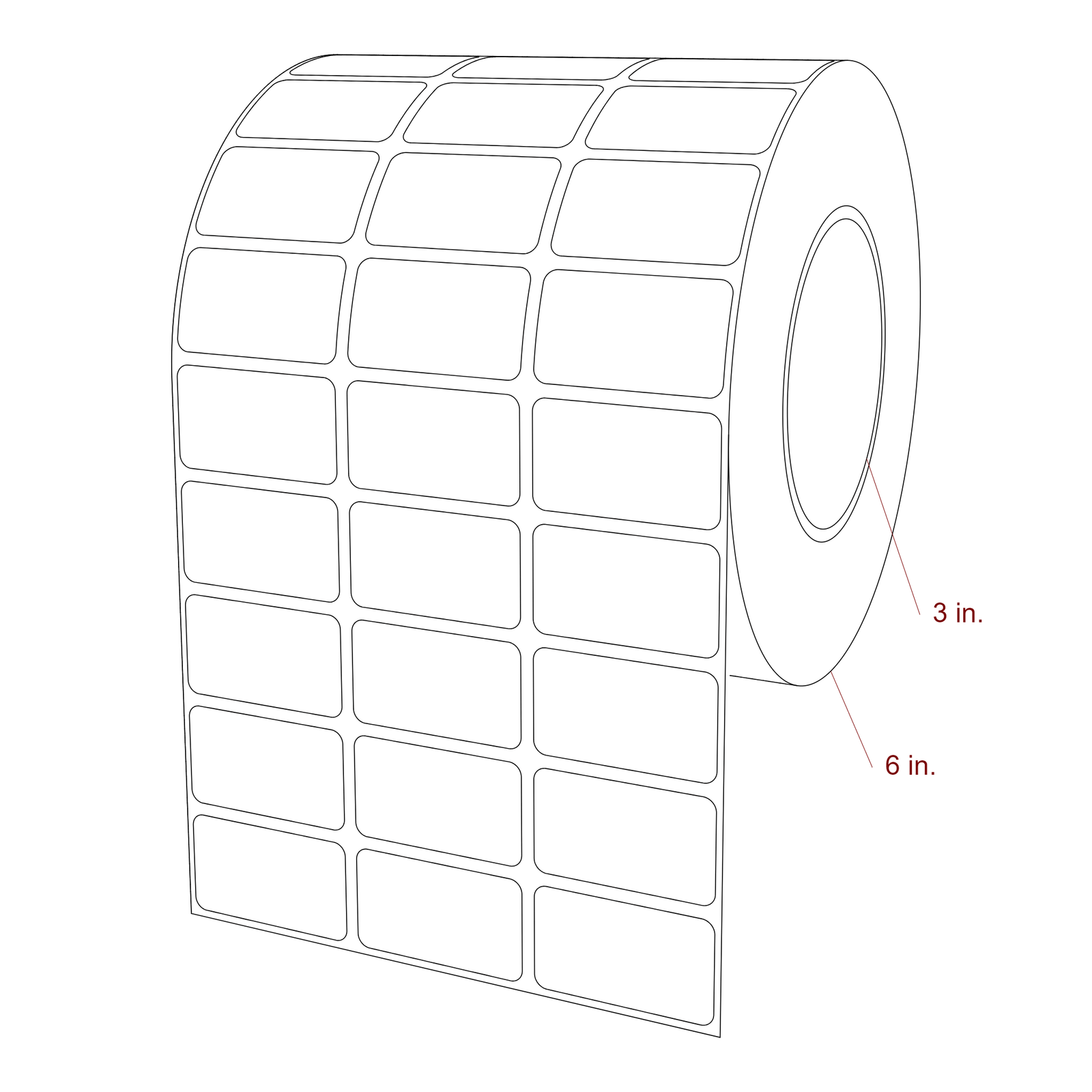 1.75 Inch x 1 Inch Rectangle Inkjet Label Roll - 3 Inch Core - 6 Inch Roll OD - 3Up - 3D Perspective