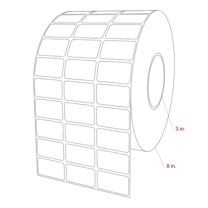 1.75 Inch x 1 Inch Rectangle Inkjet Label Roll - 3 Inch Core - 8 Inch Roll OD - 3Up - 3D Perspective