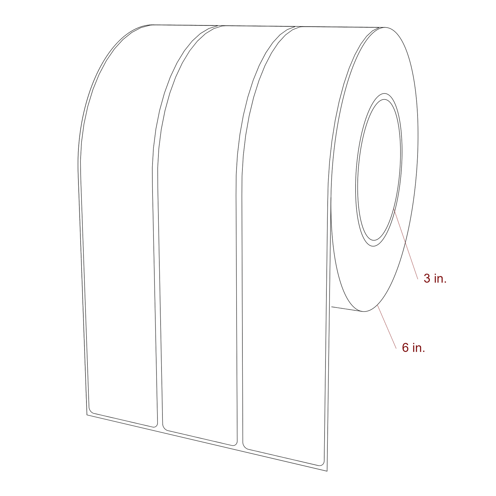 1.75 Inch x 10 Inch Rectangle Inkjet Label Roll - 3 Inch Core - 6 Inch Roll OD - 3Up - 3D Perspective