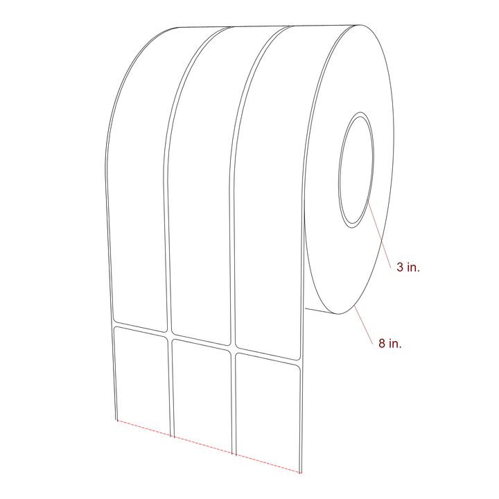 1.75 Inch x 10 Inch Rectangle Inkjet Label Roll - 3 Inch Core - 8 Inch Roll OD - 3Up - 3D Perspective