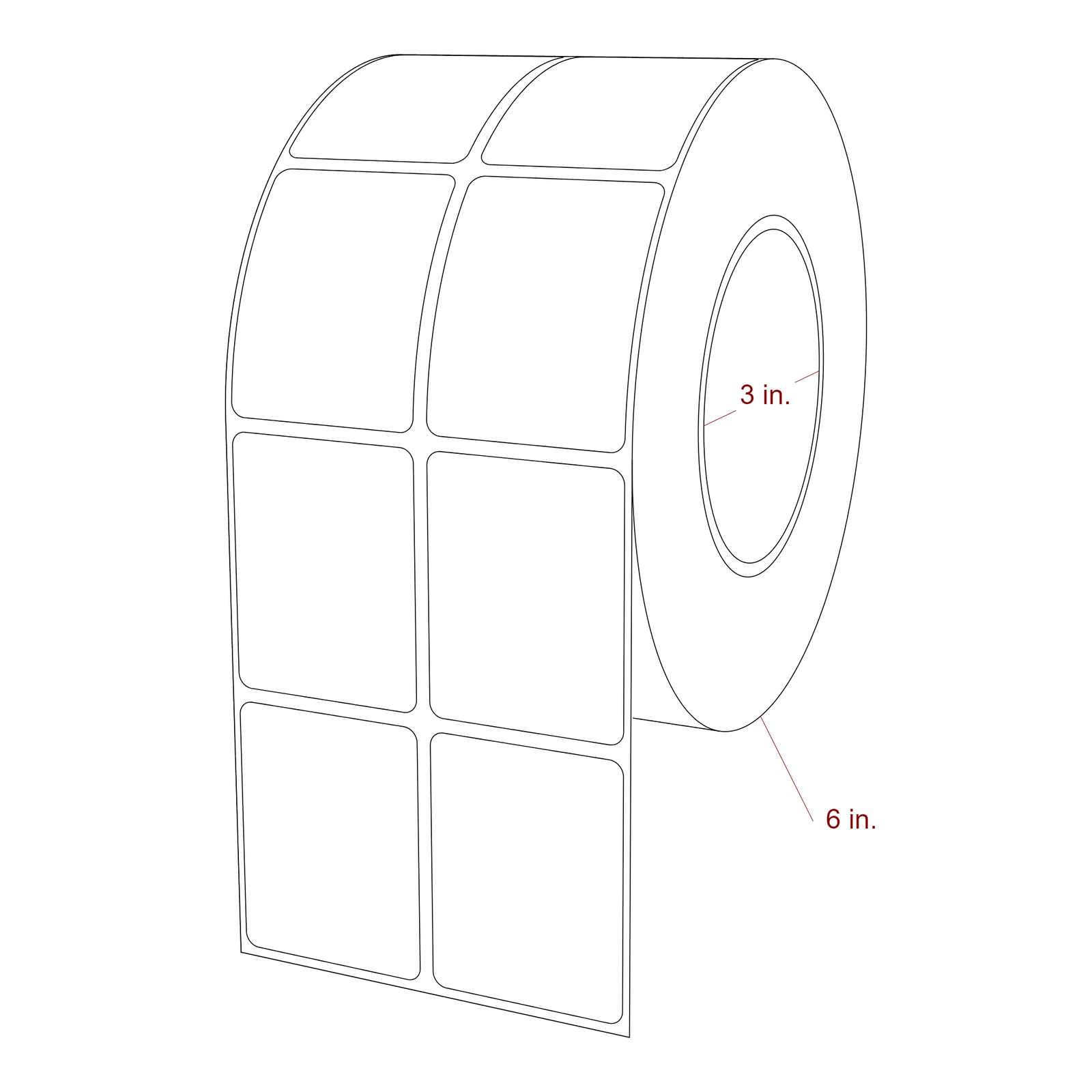 1.75 Inch x 2.25 Inch Rectangle Inkjet Label Roll - 3 Inch Core - 6 Inch Roll OD - 2Up - 3D Perspective