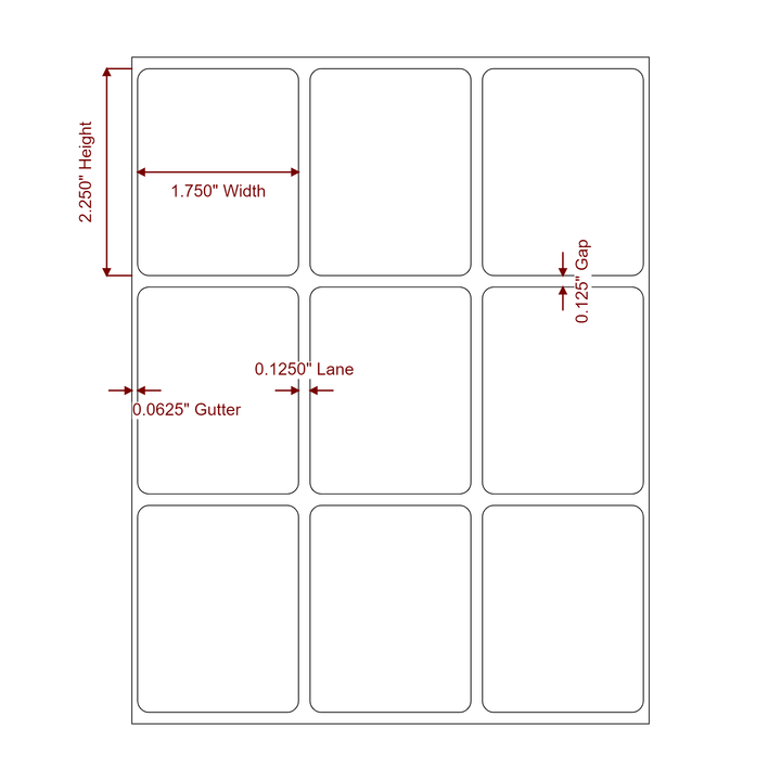 1.75 Inch x 2.25 Inch Rectangle Inkjet Label Roll - 3Up - 2D Drawing