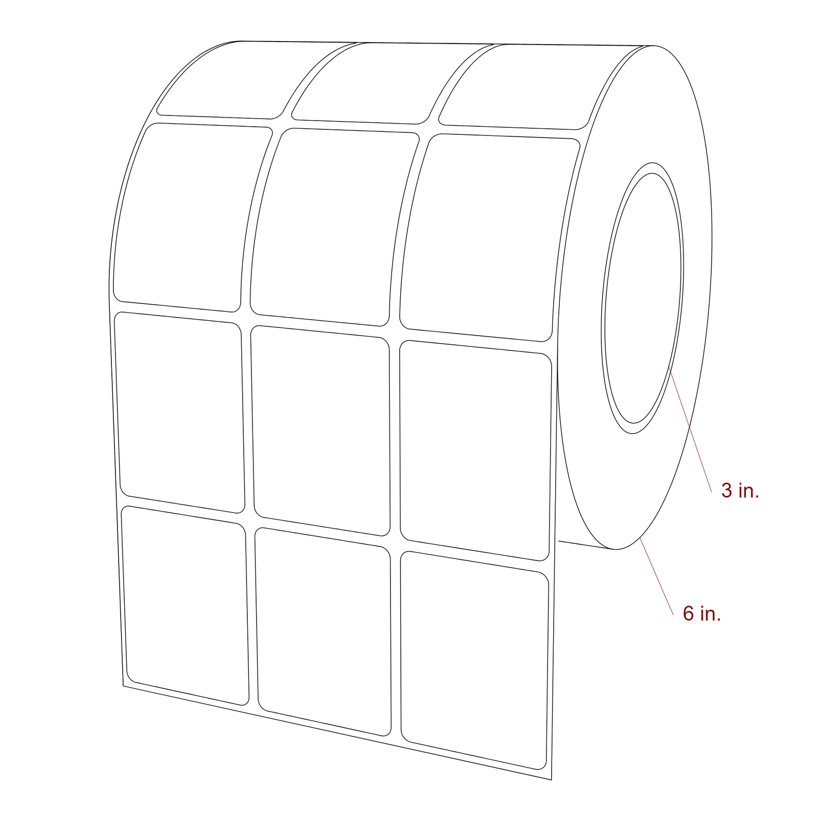 1.75 Inch x 2.25 Inch Rectangle Inkjet Label Roll - 3 Inch Core - 6 Inch Roll OD - 3Up - 3D Perspective