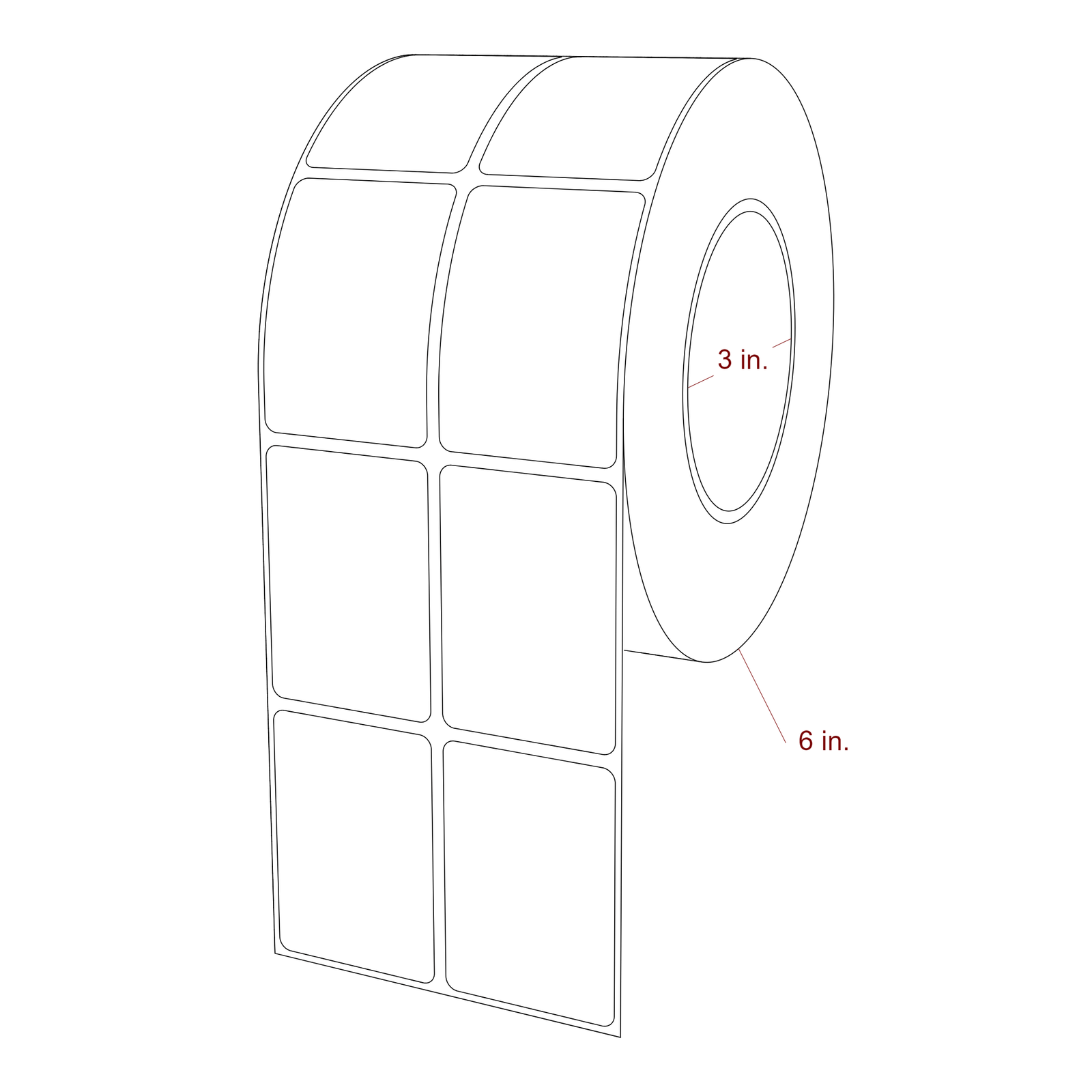 1.75 Inch x 2.5 Inch Rectangle Inkjet Label Roll - 3 Inch Core - 6 Inch Roll OD - 2Up - 3D Perspective