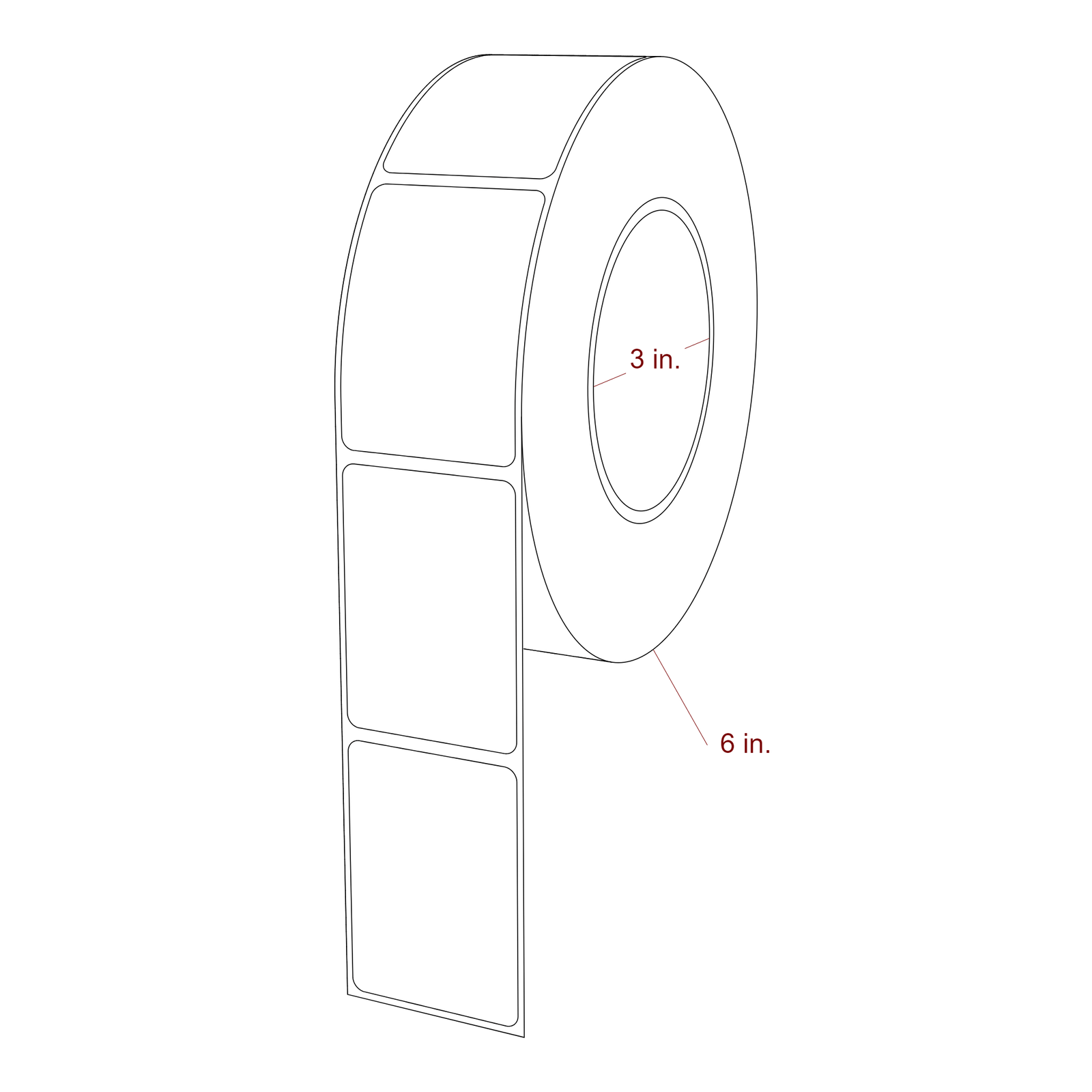 1.75 Inch x 2.5 Inch Rectangle Inkjet Label Roll - 3 Inch Core - 6 Inch Roll OD - 3D Perspective