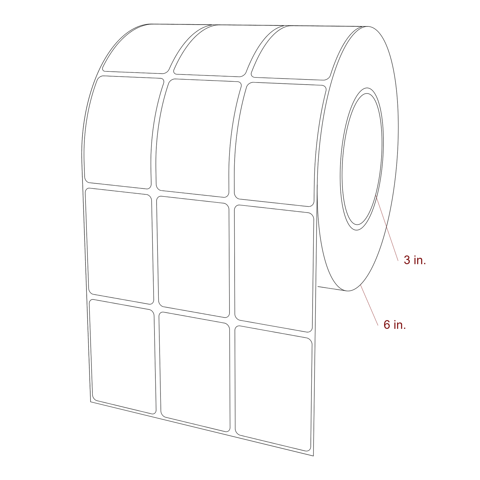 1.75 Inch x 2.5 Inch Rectangle Inkjet Label Roll - 3 Inch Core - 6 Inch Roll OD - 3Up - 3D Perspective