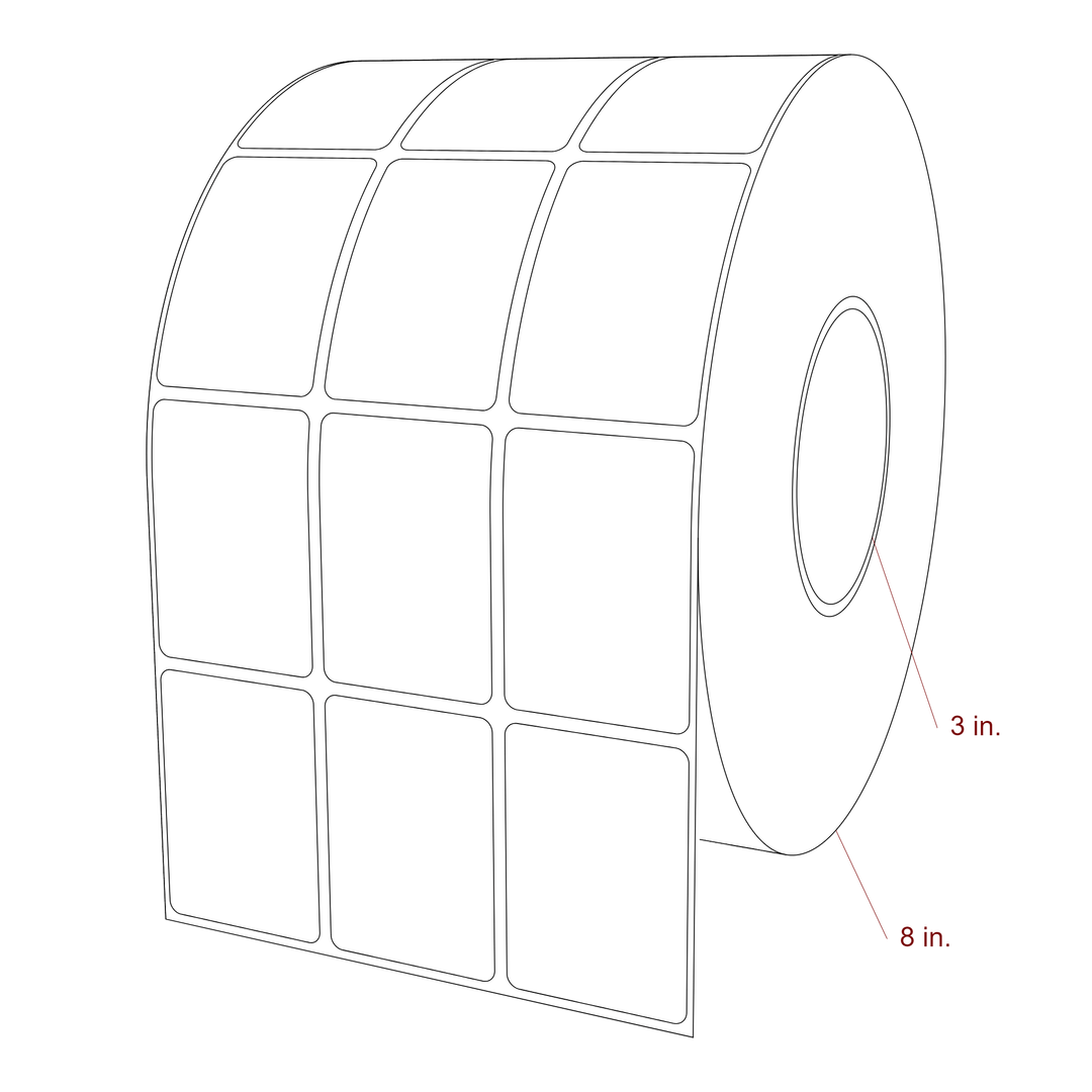 1.75 Inch x 2.5 Inch Rectangle Inkjet Label Roll - 3 Inch Core - 8 Inch Roll OD - 3Up - 3D Perspective