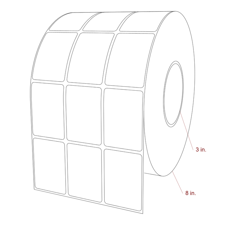 1.75 Inch x 2.5 Inch Rectangle Inkjet Label Roll - 3 Inch Core - 8 Inch Roll OD - 3Up - 3D Perspective