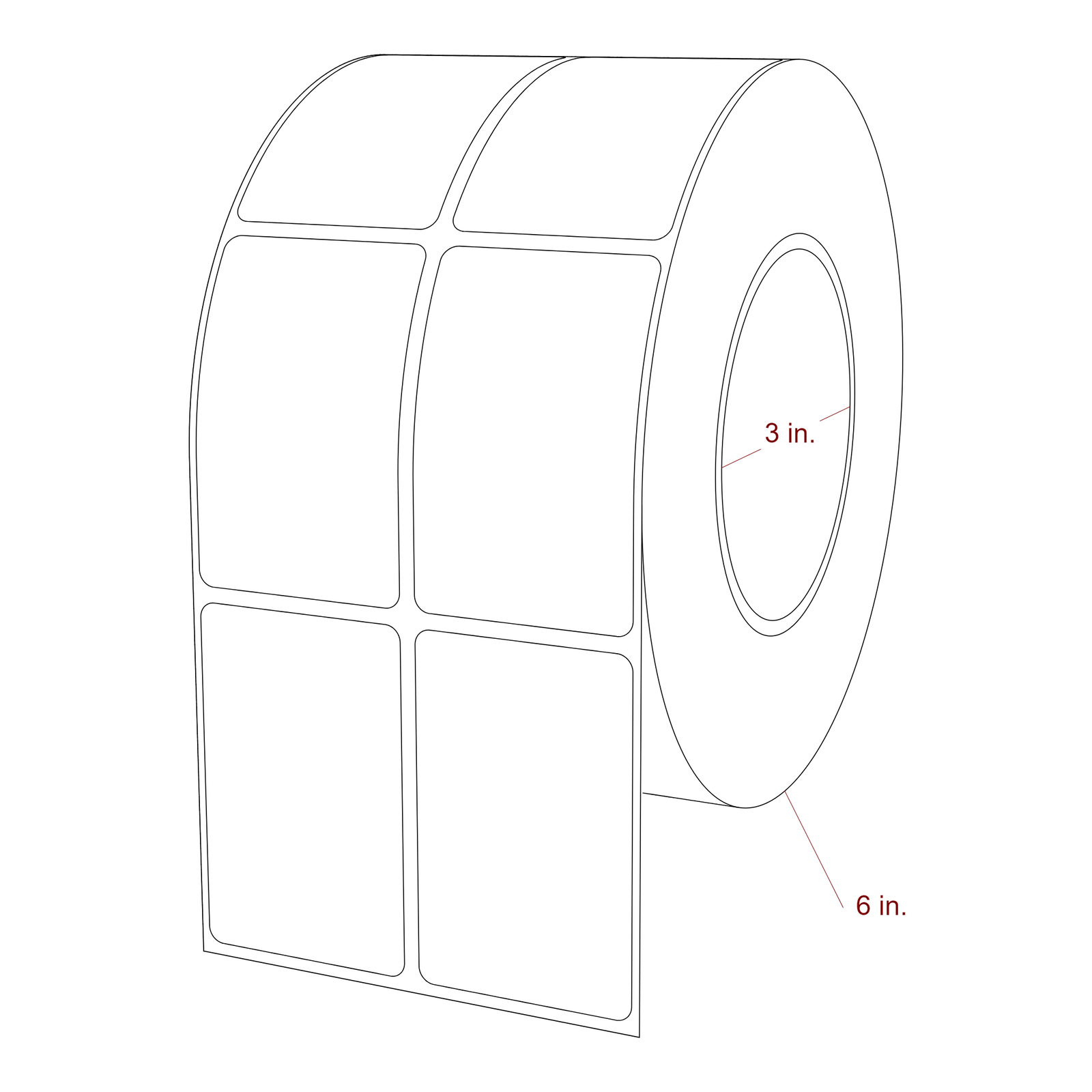 1.75 Inch x 2.75 Inch Rectangle Inkjet Label Roll - 3 Inch Core - 6 Inch Roll OD - 2Up - 3D Perspective