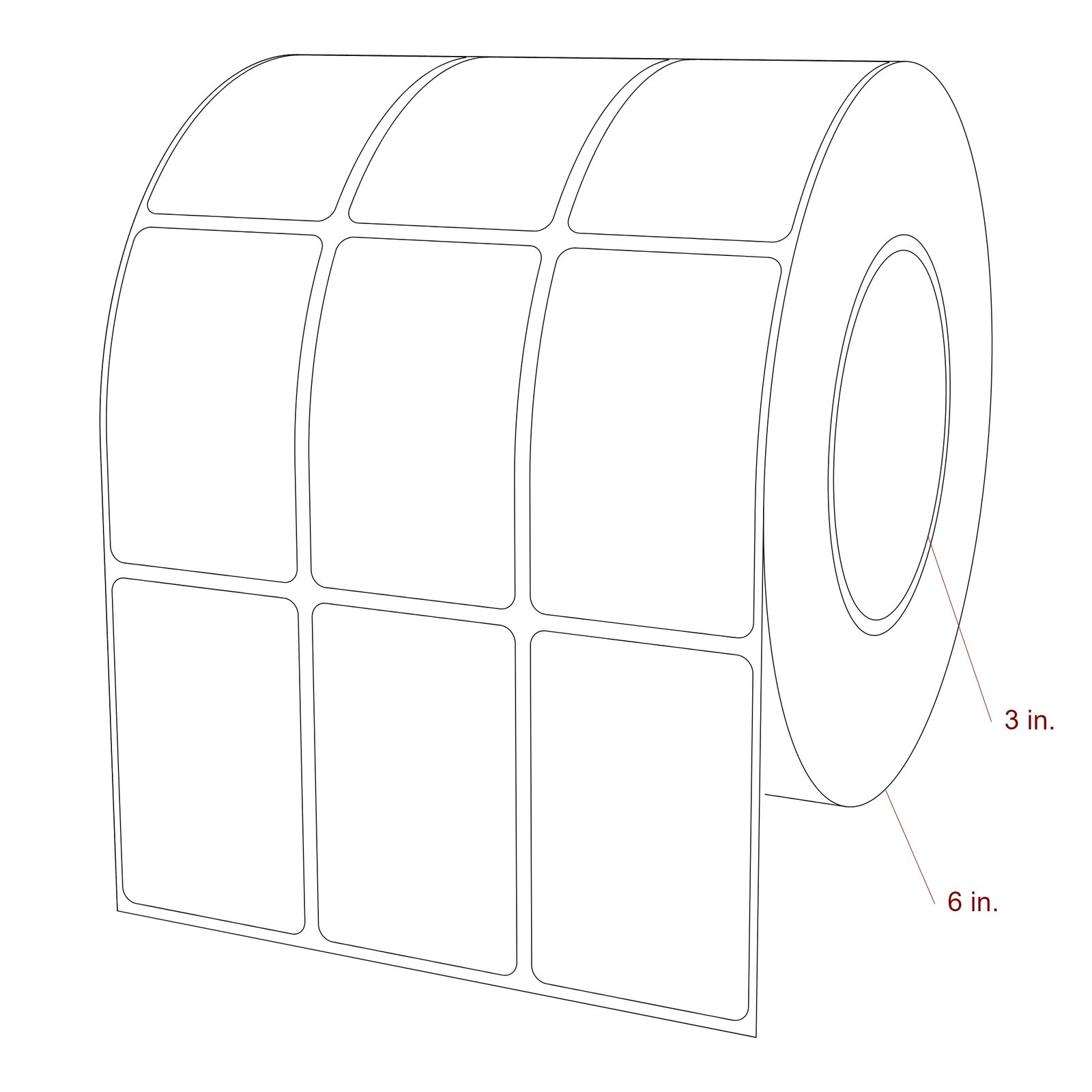 1.75 Inch x 2.75 Inch Rectangle Inkjet Label Roll - 3 Inch Core - 6 Inch Roll OD - 3Up - 3D Perspective