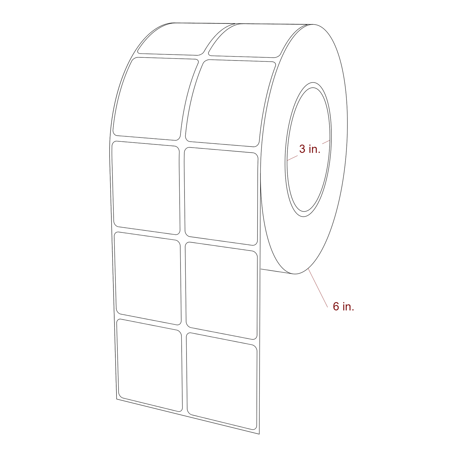 1.75 Inch x 2 Inch Rectangle Inkjet Label Roll - 3 Inch Core - 6 Inch Roll OD - 2Up - 3D Perspective