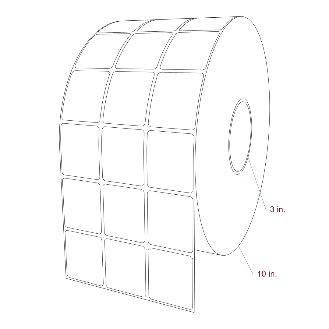 1.75 Inch x 2 Inch Rectangle Inkjet Label Roll - 3 Inch Core - 10 Inch Roll OD - 3Up - 3D Perspective