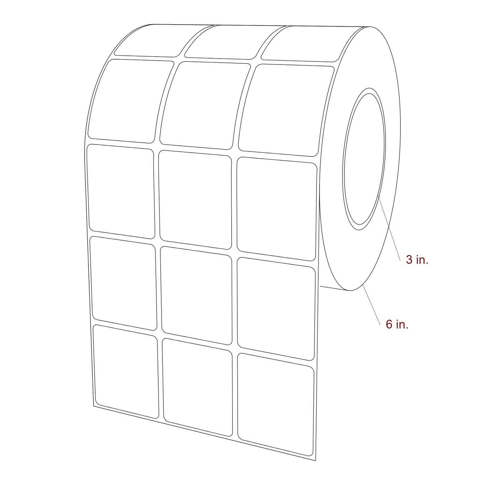 1.75 Inch x 2 Inch Rectangle Inkjet Label Roll - 3 Inch Core - 6 Inch Roll OD - 3Up - 3D Perspective
